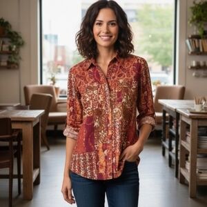 Lucky Brand 100% Silk Patchwork Paisley Button Down Shirt Red XS